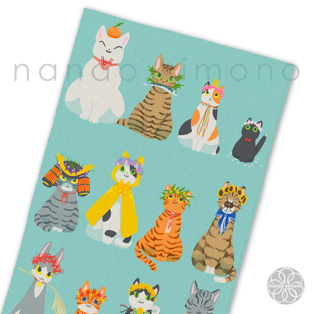 Tea Towel Japanese Calendar Cats nanao kimono