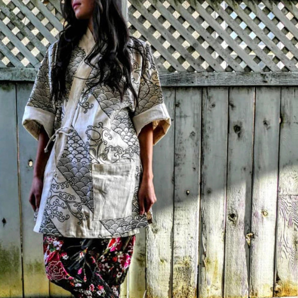 Noragi Kimono - White Two Waves