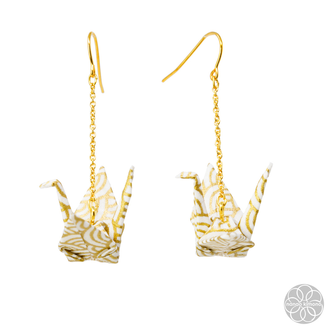 Pierced Earrings - Origami Crane Gold Seigaiha