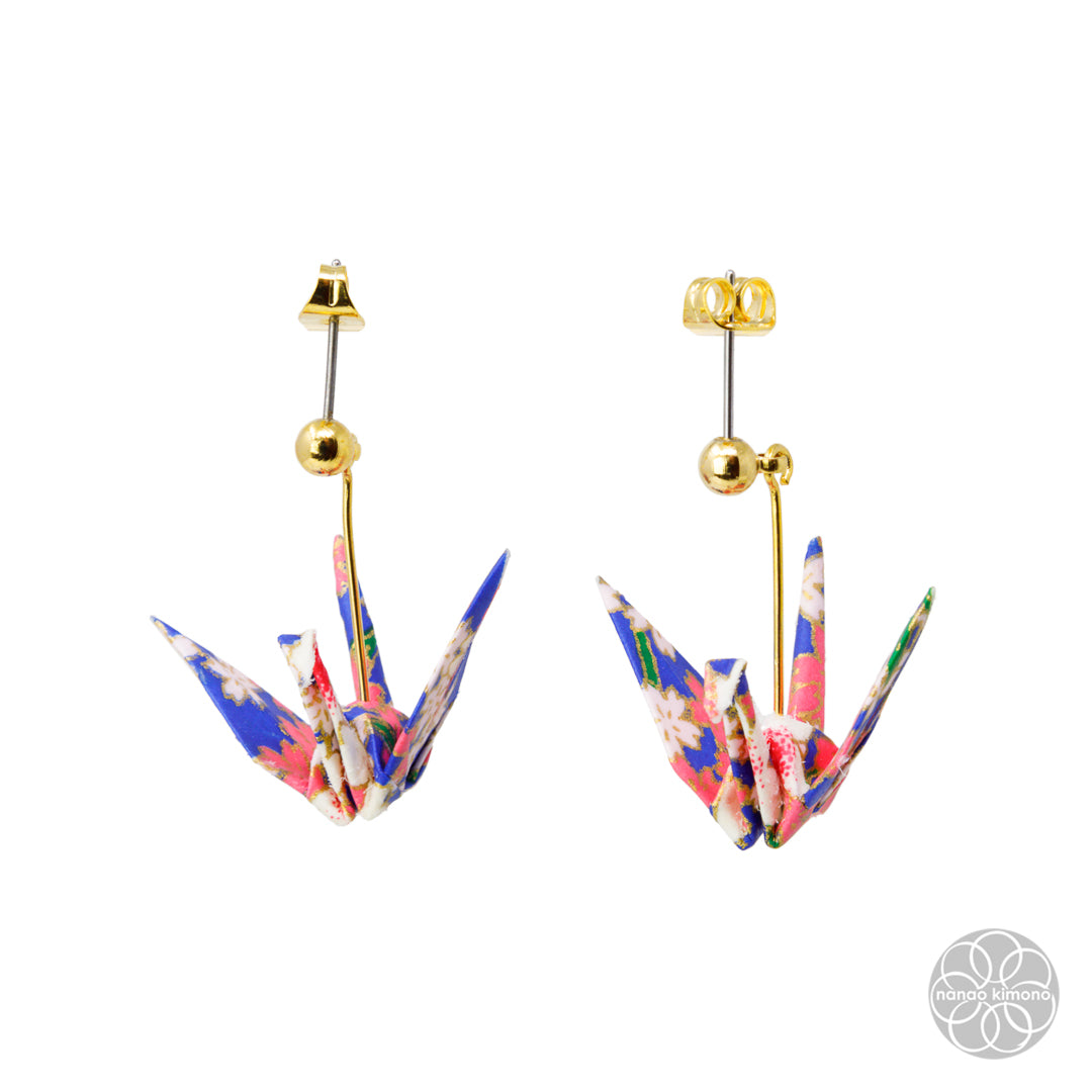 Pierced Earrings - Origami Crane Mt. Fuji Navy