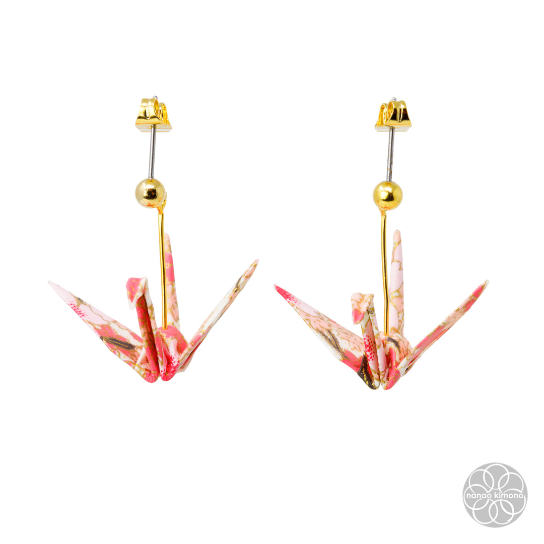 Pierced Earrings - Origami Crane Mt. Fuji Sakura Red