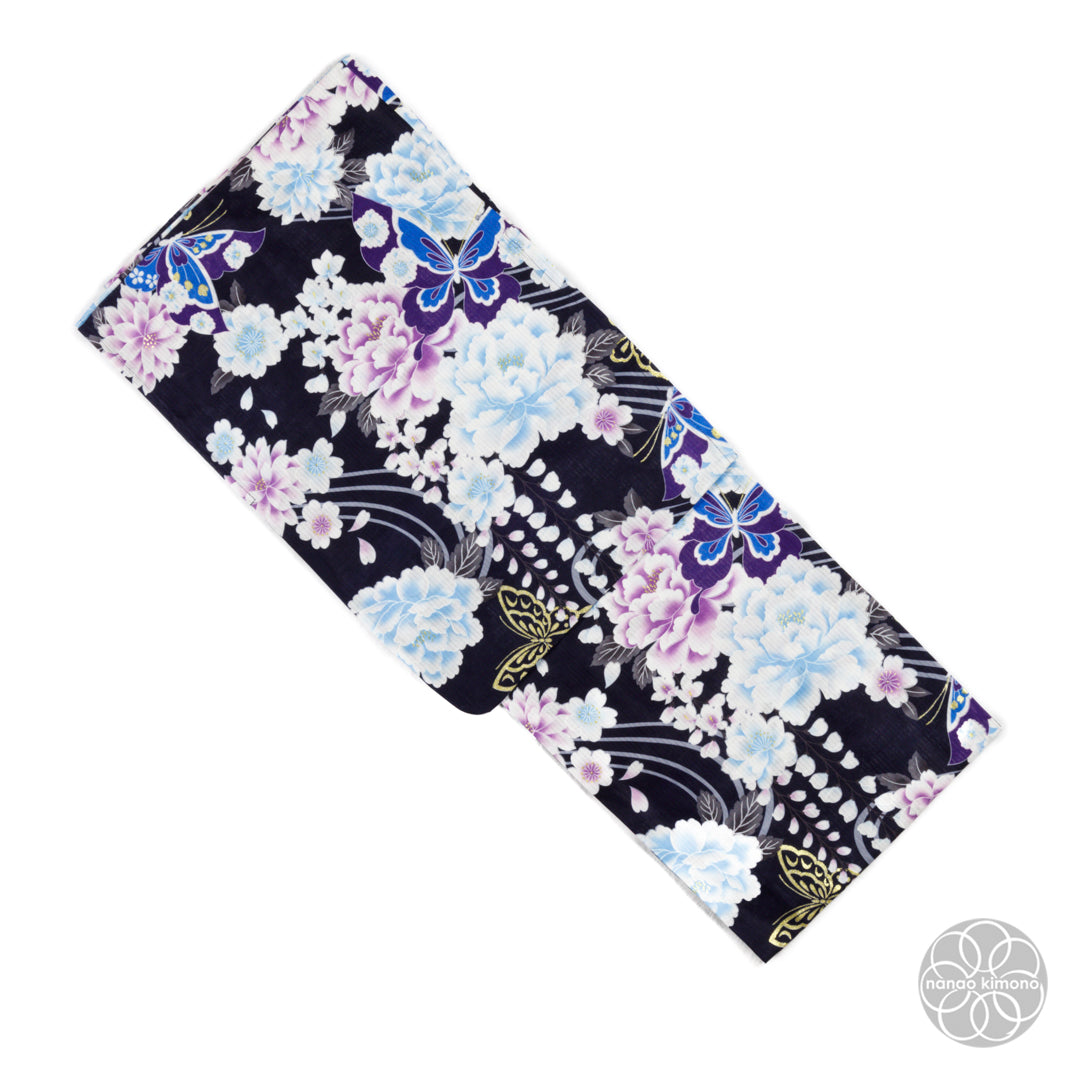 Women's Yukata - Blue Peonies with Butterflies on Black