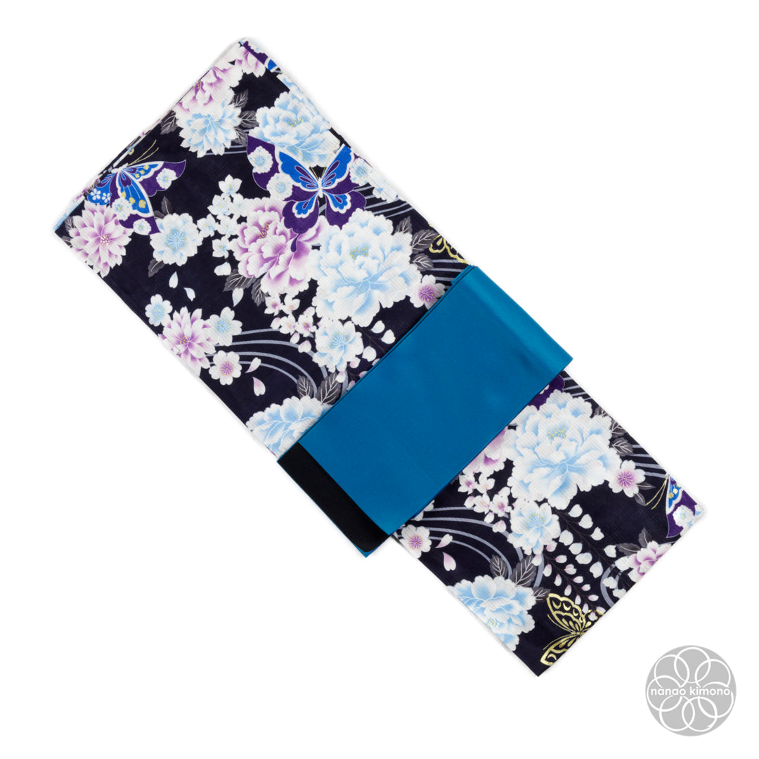 Women's Yukata - Blue Peonies with Butterflies on Black