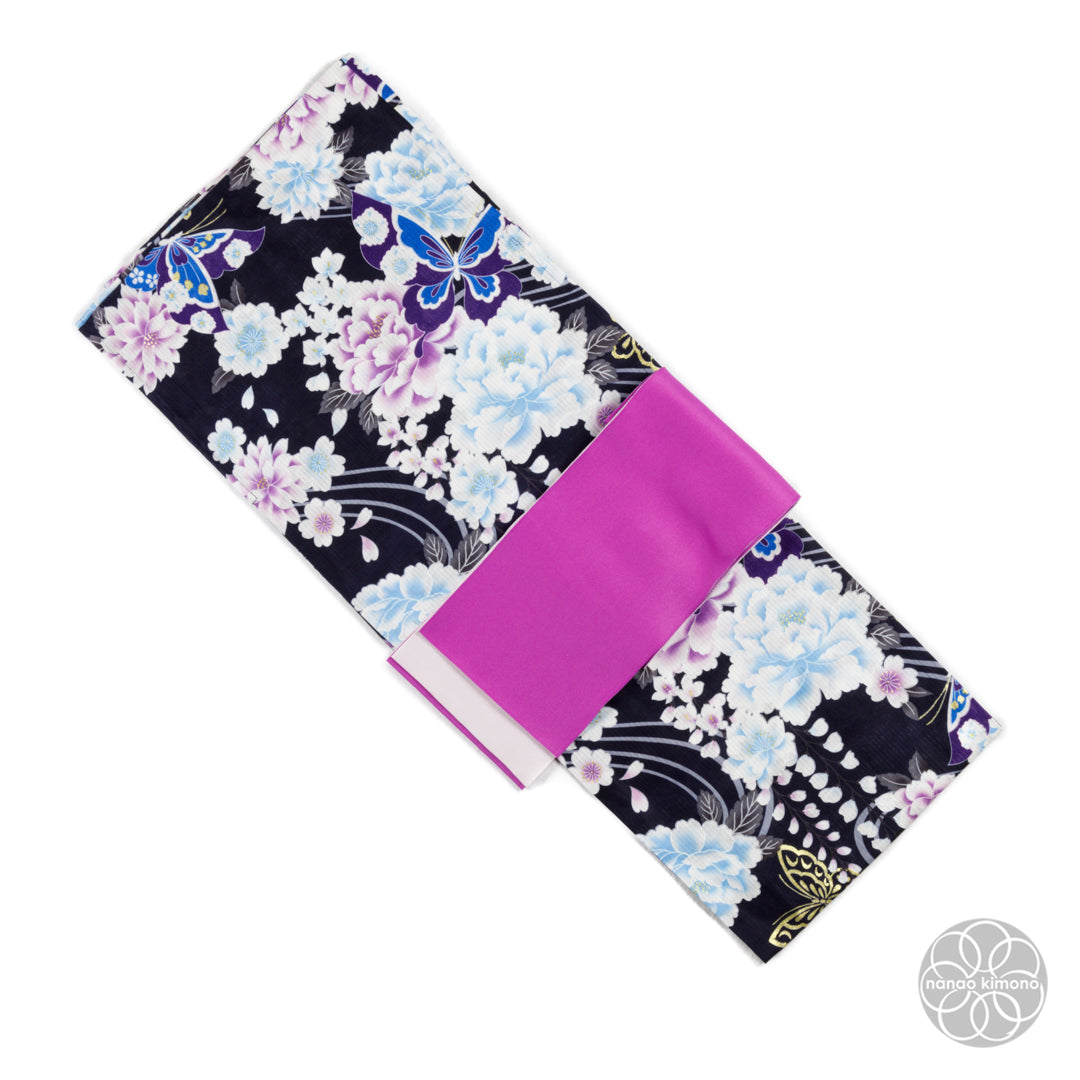 Women's Yukata - Blue Peonies with Butterflies on Black