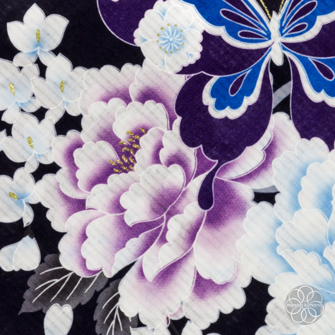 Women's Yukata - Blue Peonies with Butterflies on Black