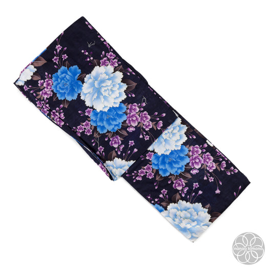 Women's Yukata - Blue Peonies on Black