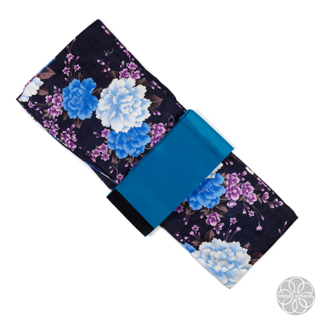 Women's Yukata - Blue Peonies on Black