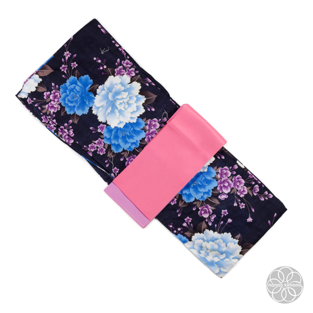 Women's Yukata - Blue Peonies on Black