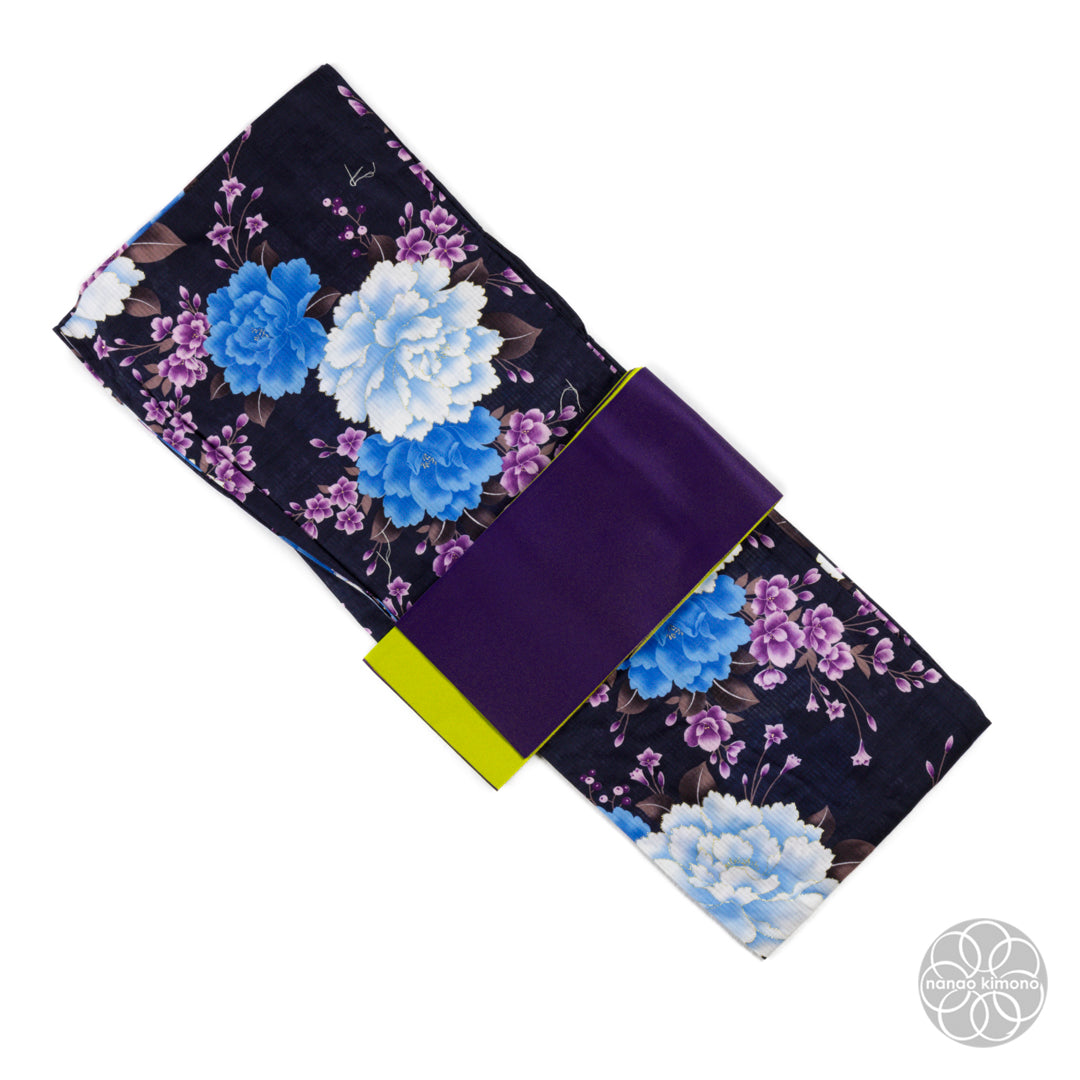 Women's Yukata - Blue Peonies on Black