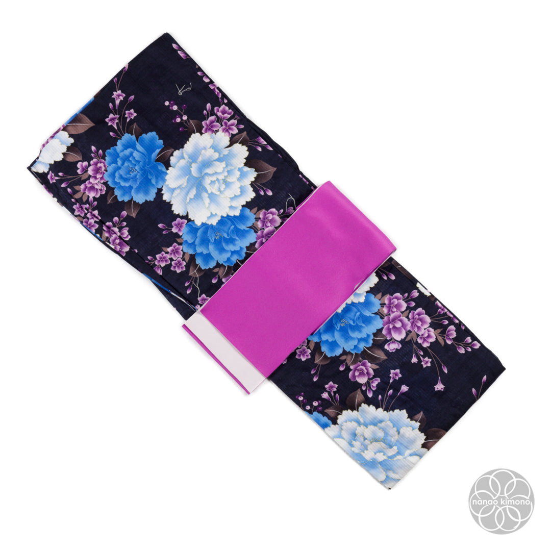 Women's Yukata - Blue Peonies on Black