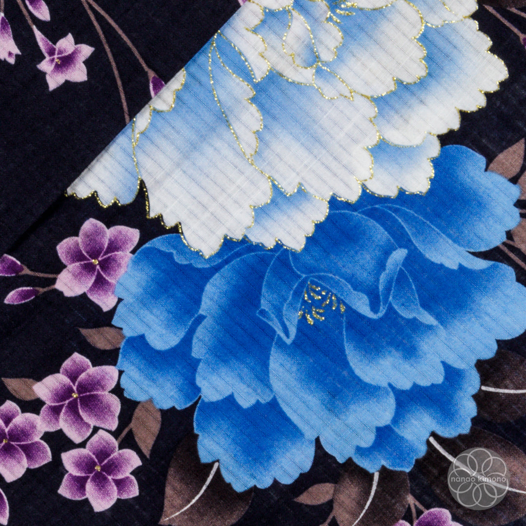 Women's Yukata - Blue Peonies on Black