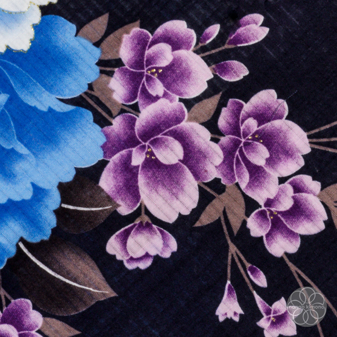 Women's Yukata - Blue Peonies on Black