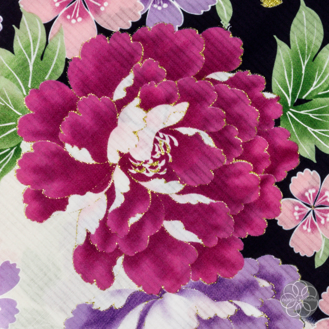 Women's Yukata - Pink Peonies on Black & White