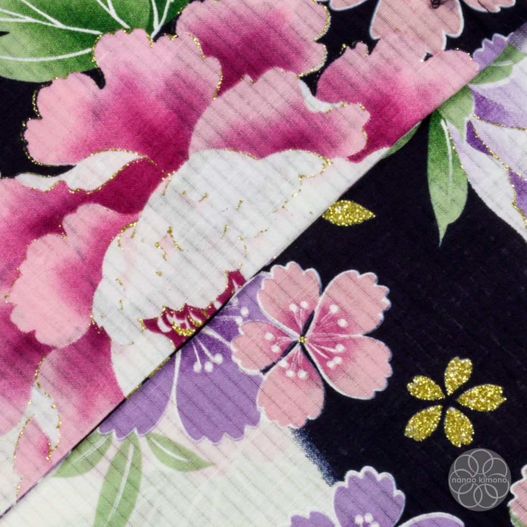 Women's Yukata - Pink Peonies on Black & White