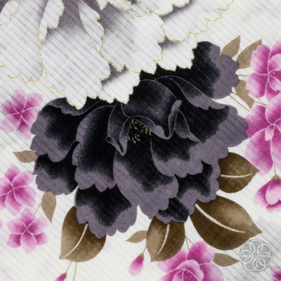 Women's Yukata - Black&White Peonies on White