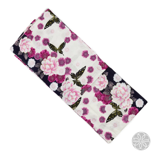 Women's Yukata - Peonies with Black Butterflies