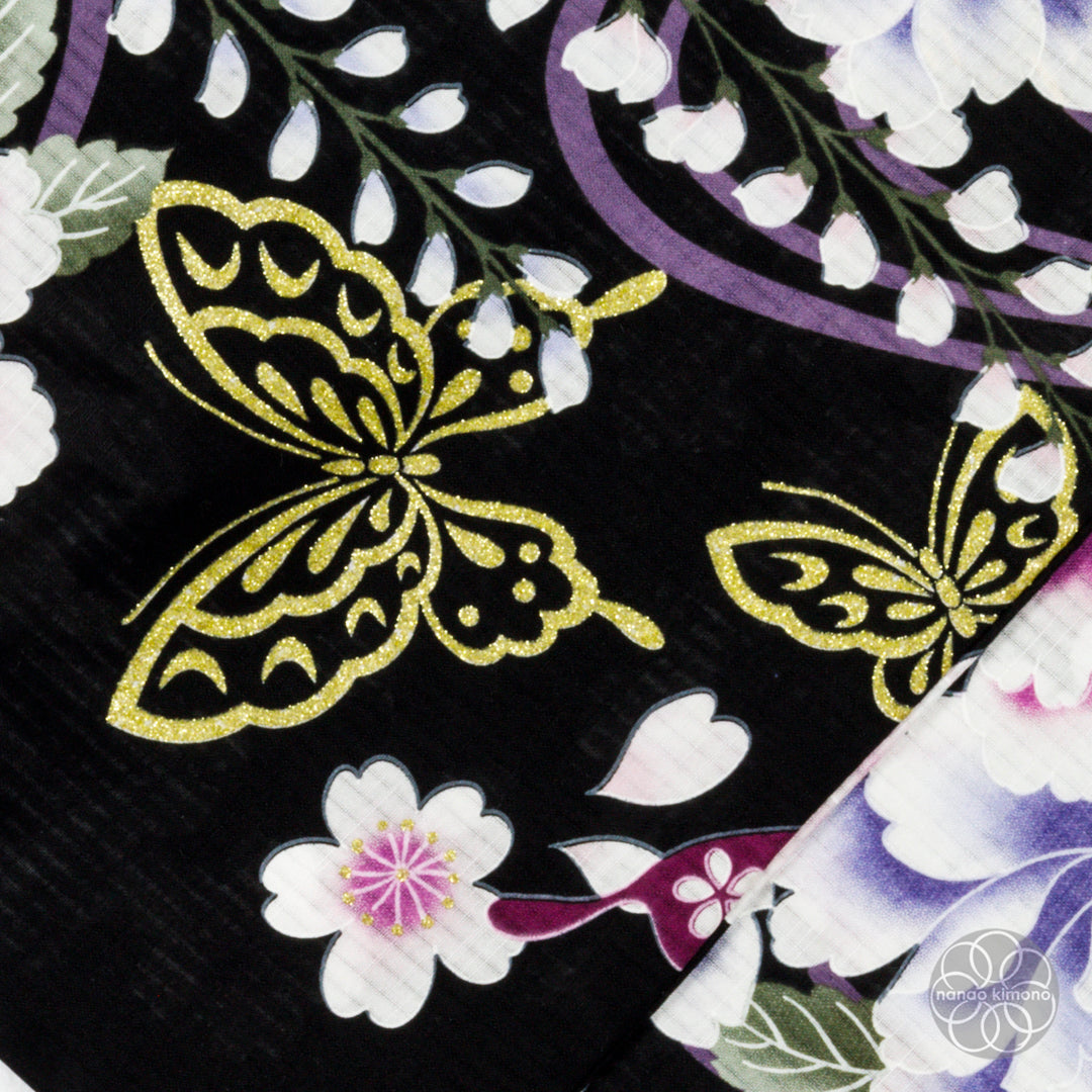 Women's Yukata - Pink Peonies with Butterflies on Black