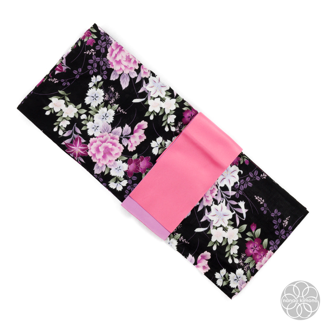 Women's Yukata - Pink Flowers on Black