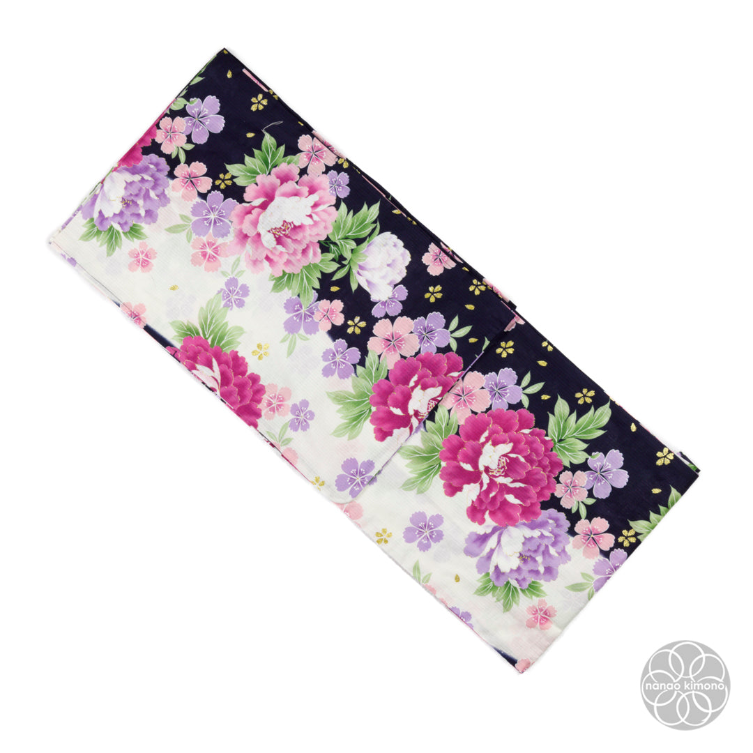 Women's Yukata - Purple Peonies on Black & White