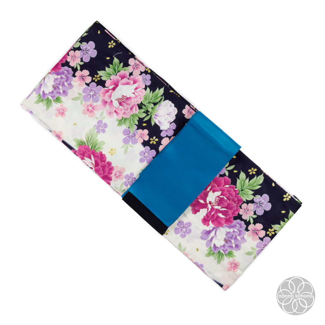 Women's Yukata - Purple Peonies on Black & White