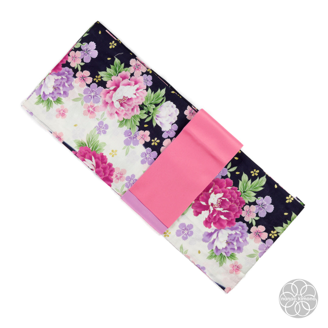 Women's Yukata - Purple Peonies on Black & White