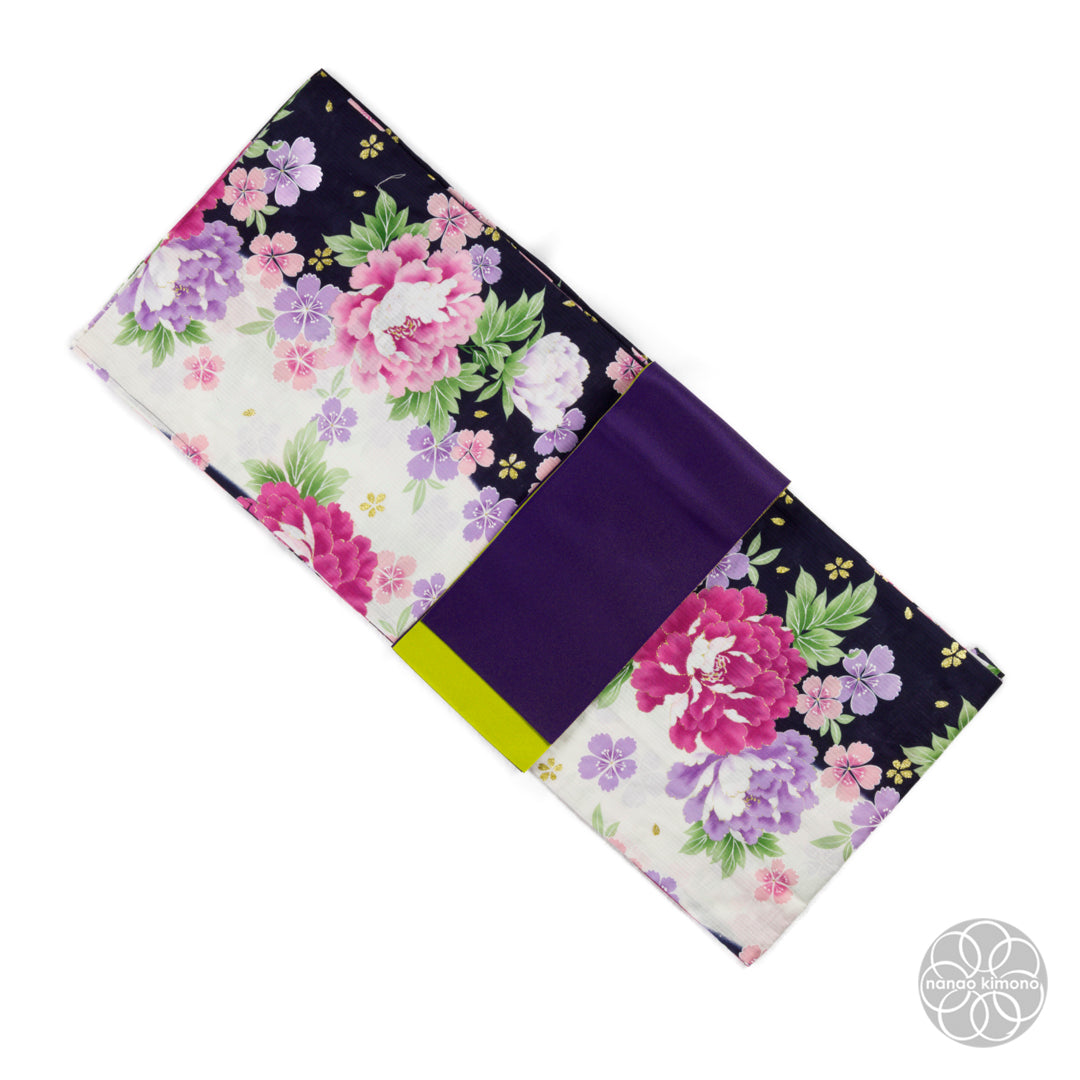 Women's Yukata - Purple Peonies on Black & White