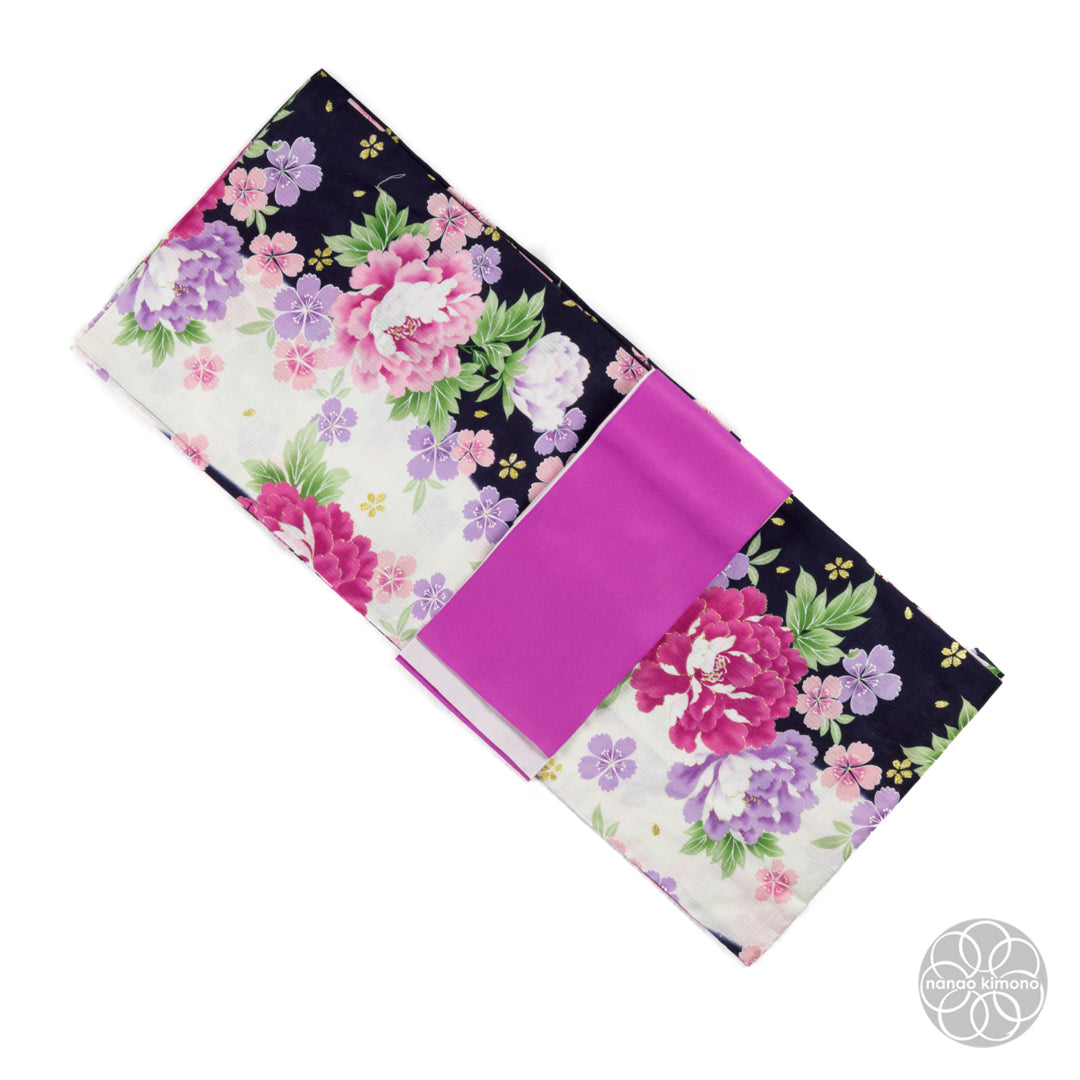 Women's Yukata - Purple Peonies on Black & White