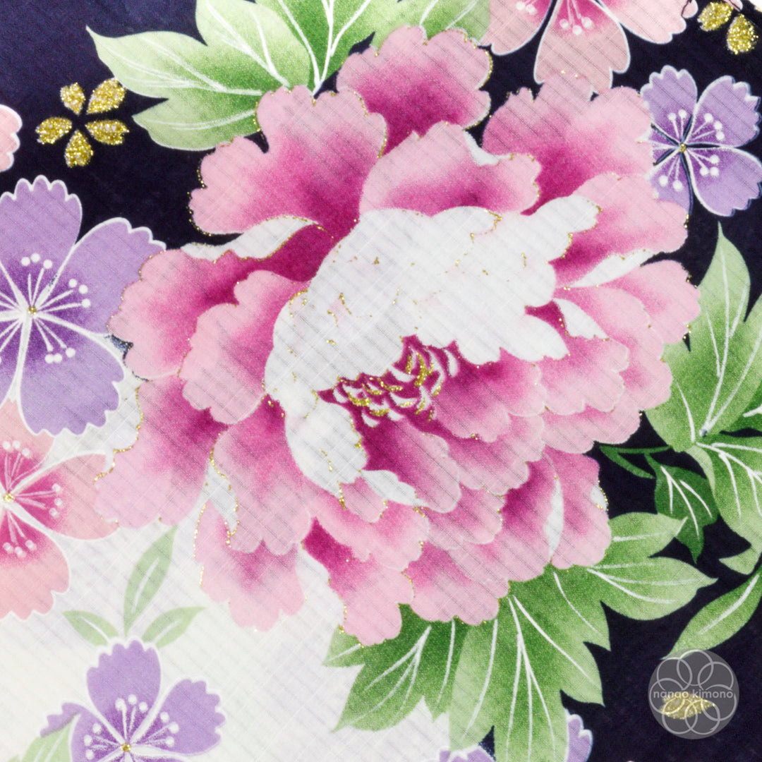 Women's Yukata - Purple Peonies on Black & White