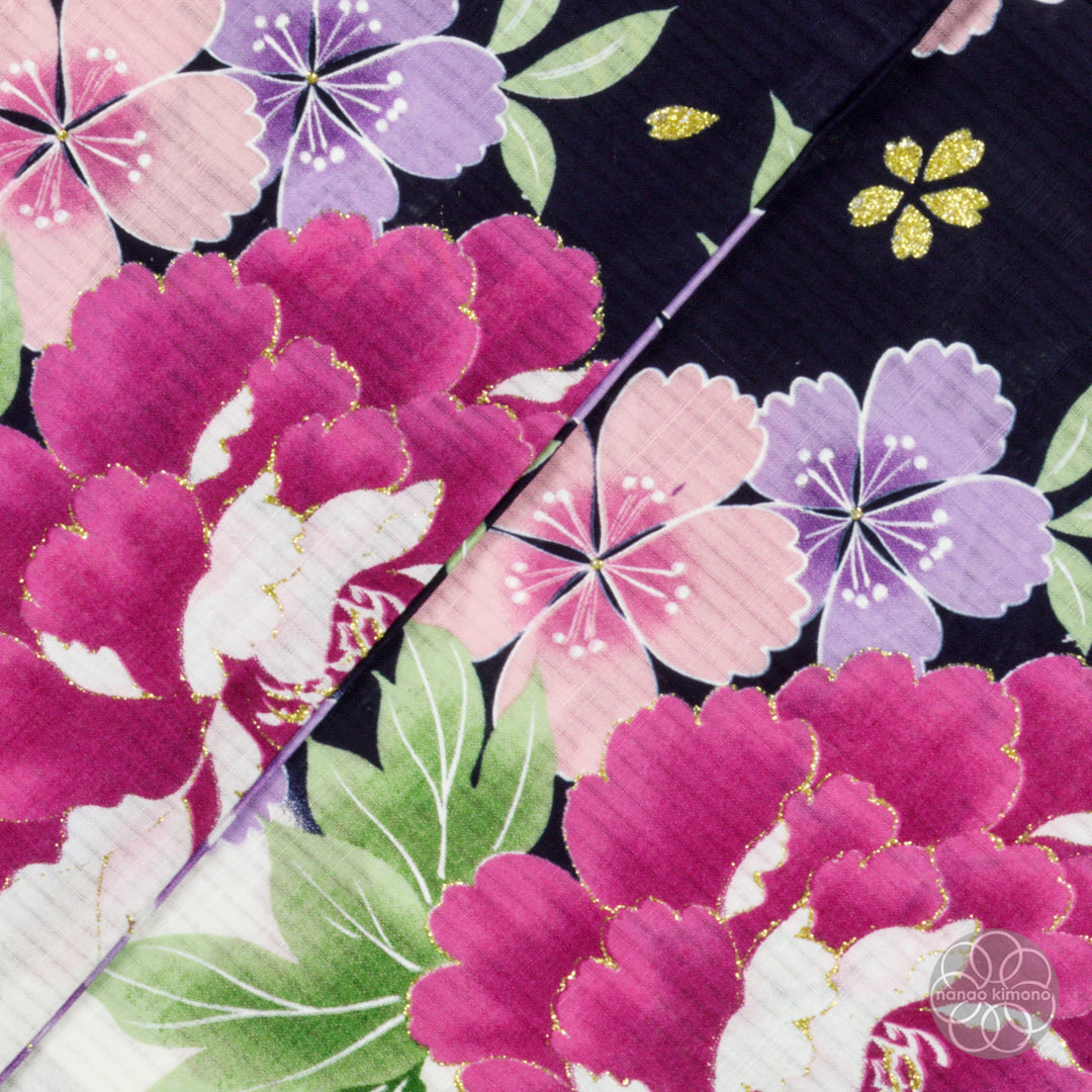 Women's Yukata - Purple Peonies on Black & White