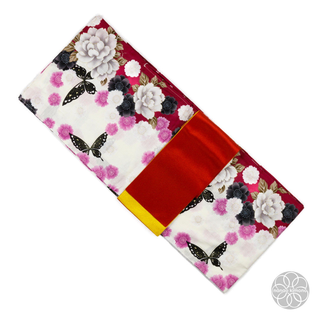 Women's Yukata - Peonies with butterflies on Red & White