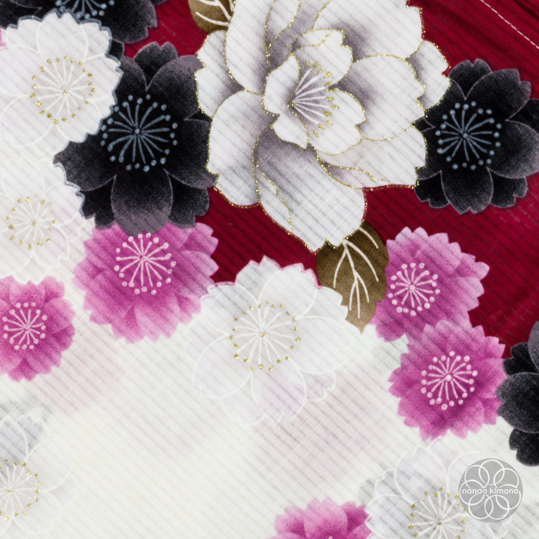 Women's Yukata - Peonies with butterflies on Red & White