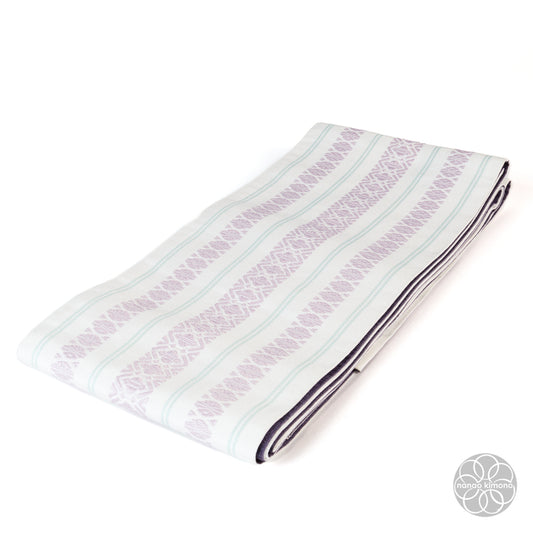 Women's Kimono Obi - Purple Pattern on White