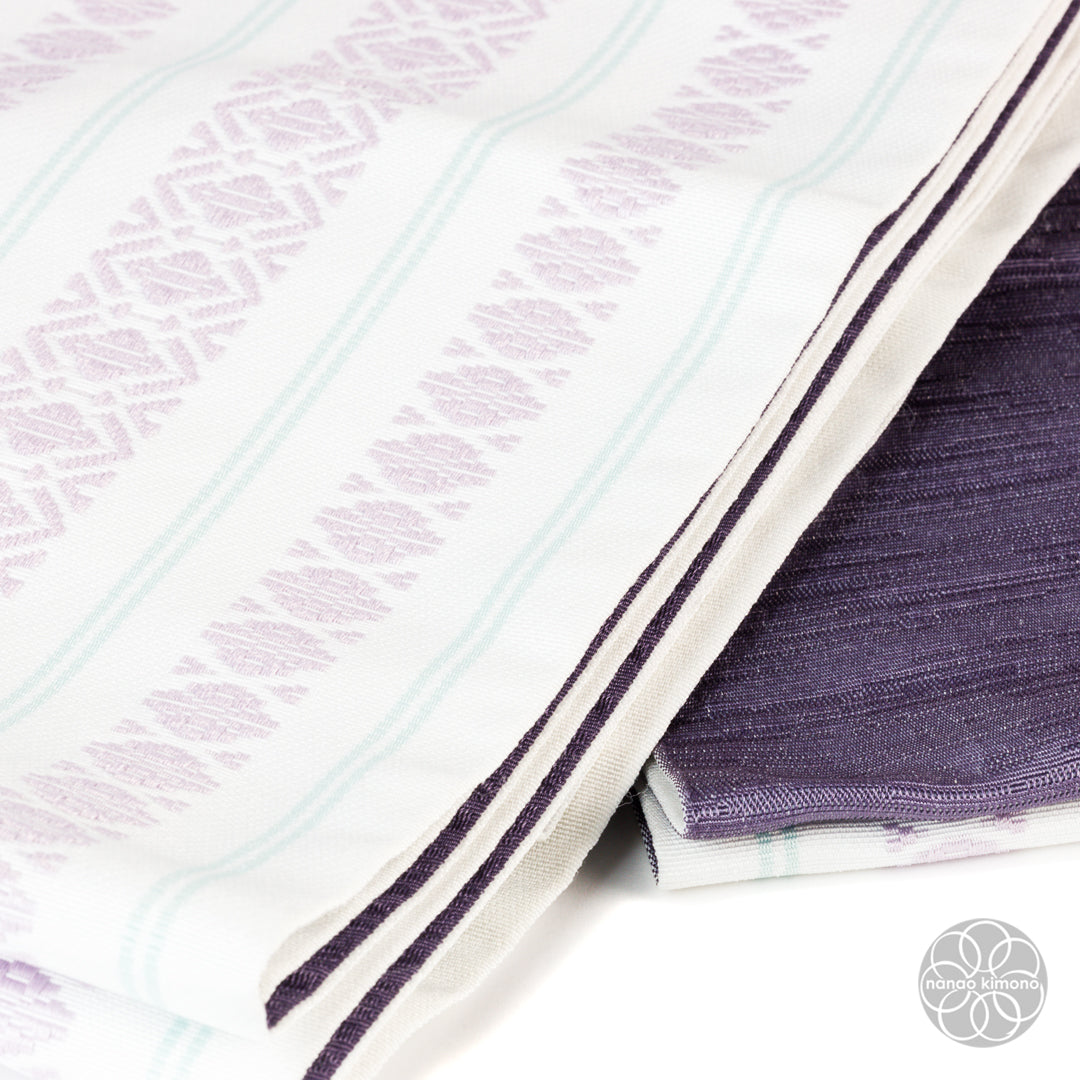 Women's Kimono Obi - Purple Pattern on White