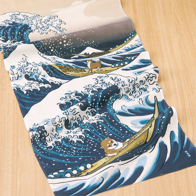 Shiba Inu in Great Wave Tenugui Towel