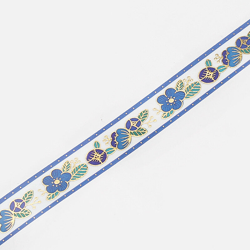 Foil Stamping Masking Tape Retro Flower Blue Washi Tape - 15mm
