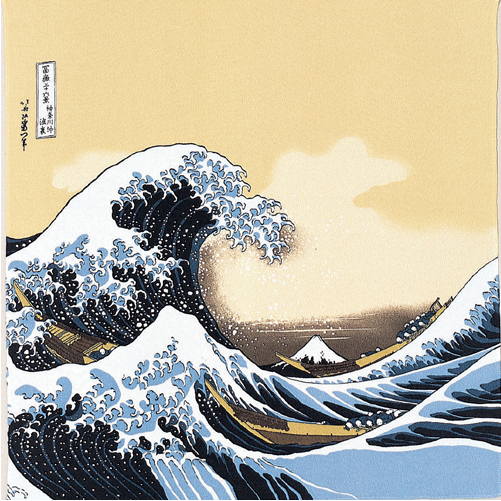 27" Furoshiki Chirimen Ukiyoe The Great Wave Hokusai Katsushika Beige