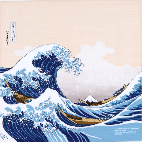 19" Furoshiki Ukiyoe The Great Wave Hokusai Katsushika Beige