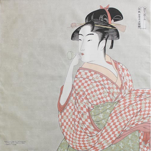 19" Furoshiki Ukiyoe Young Woman Blowing a Glass Pipe Kitagawa Utamaro Light Grey