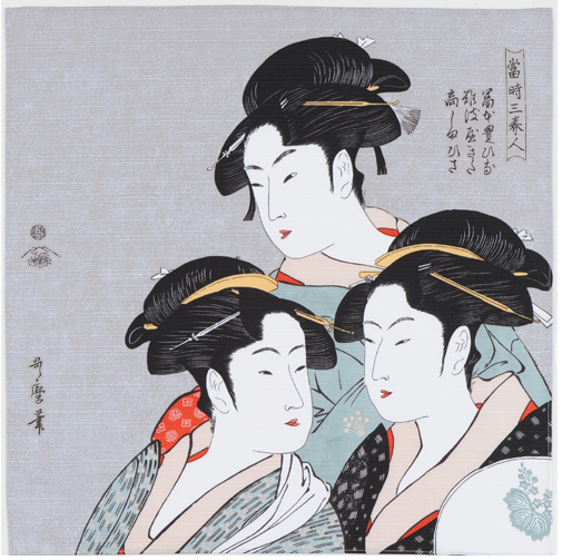 19" Furoshiki Ukiyoe Three Beauties of the Present Day Kitagawa Utamaro Light Grey
