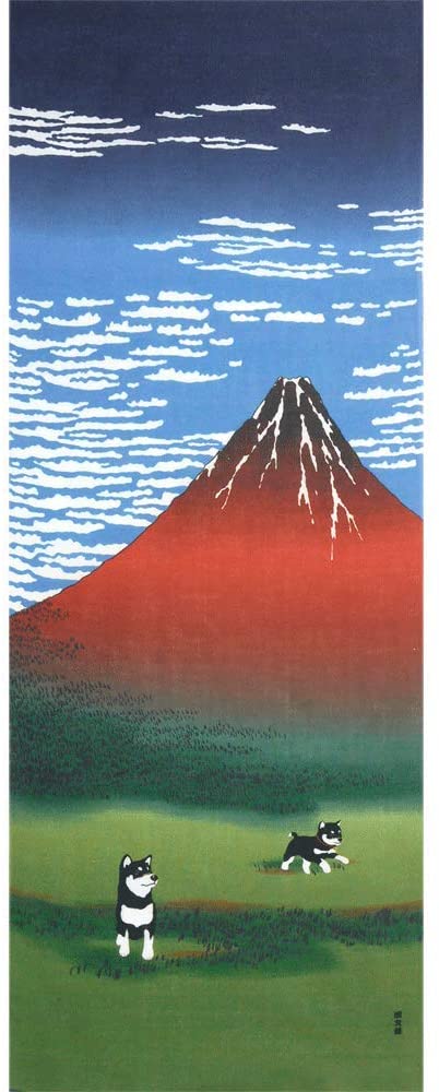 Black Shiba Ukiyoe Red Fuji Tenugui Towel