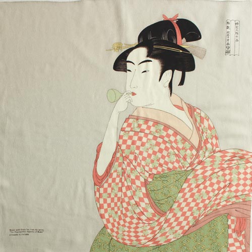 27" Furoshiki Chirimen Ukiyoe Young Woman Blowing a Glass Pipe Kitagawa Utamaro Light Grey