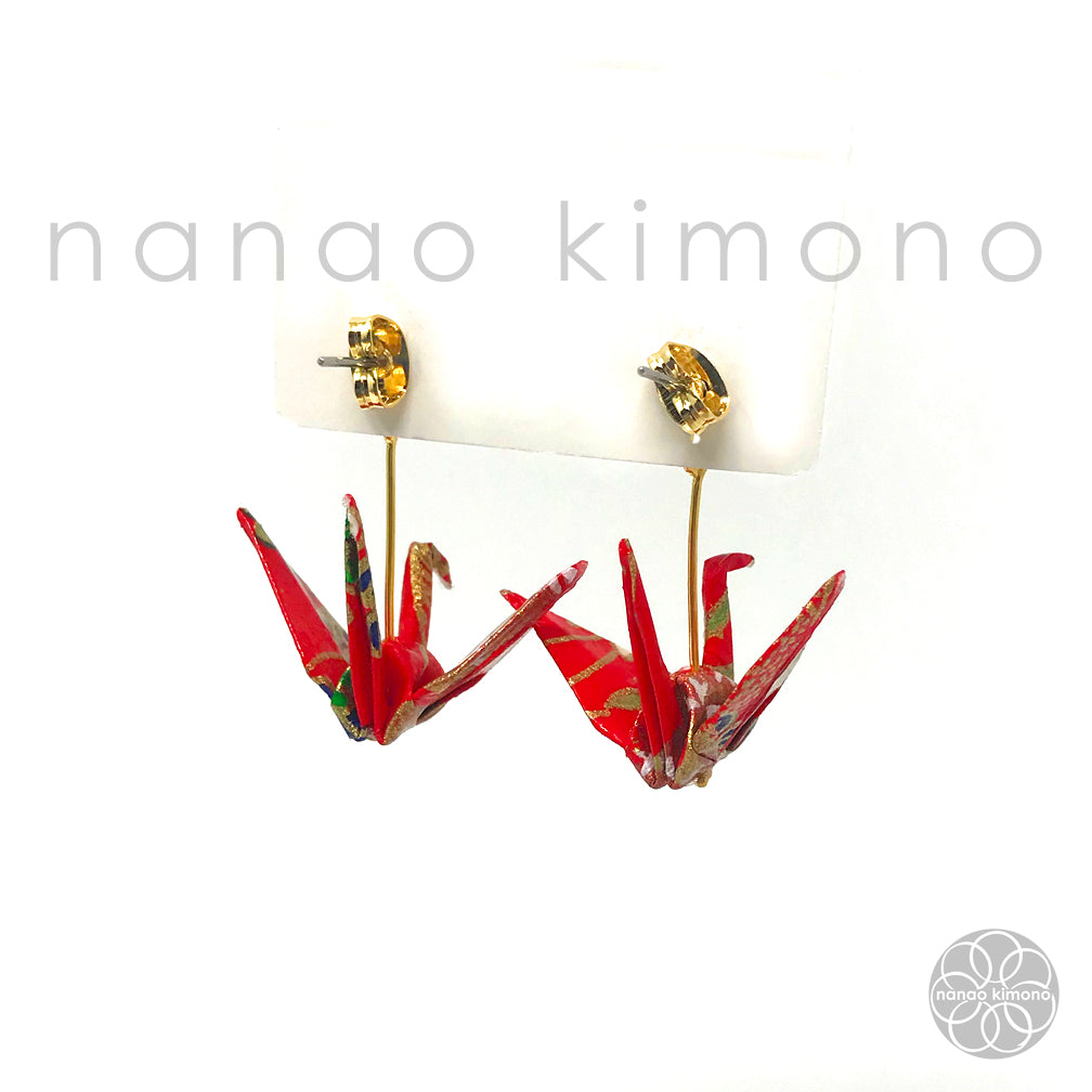 Pierced Earrings - Origami Crane Red